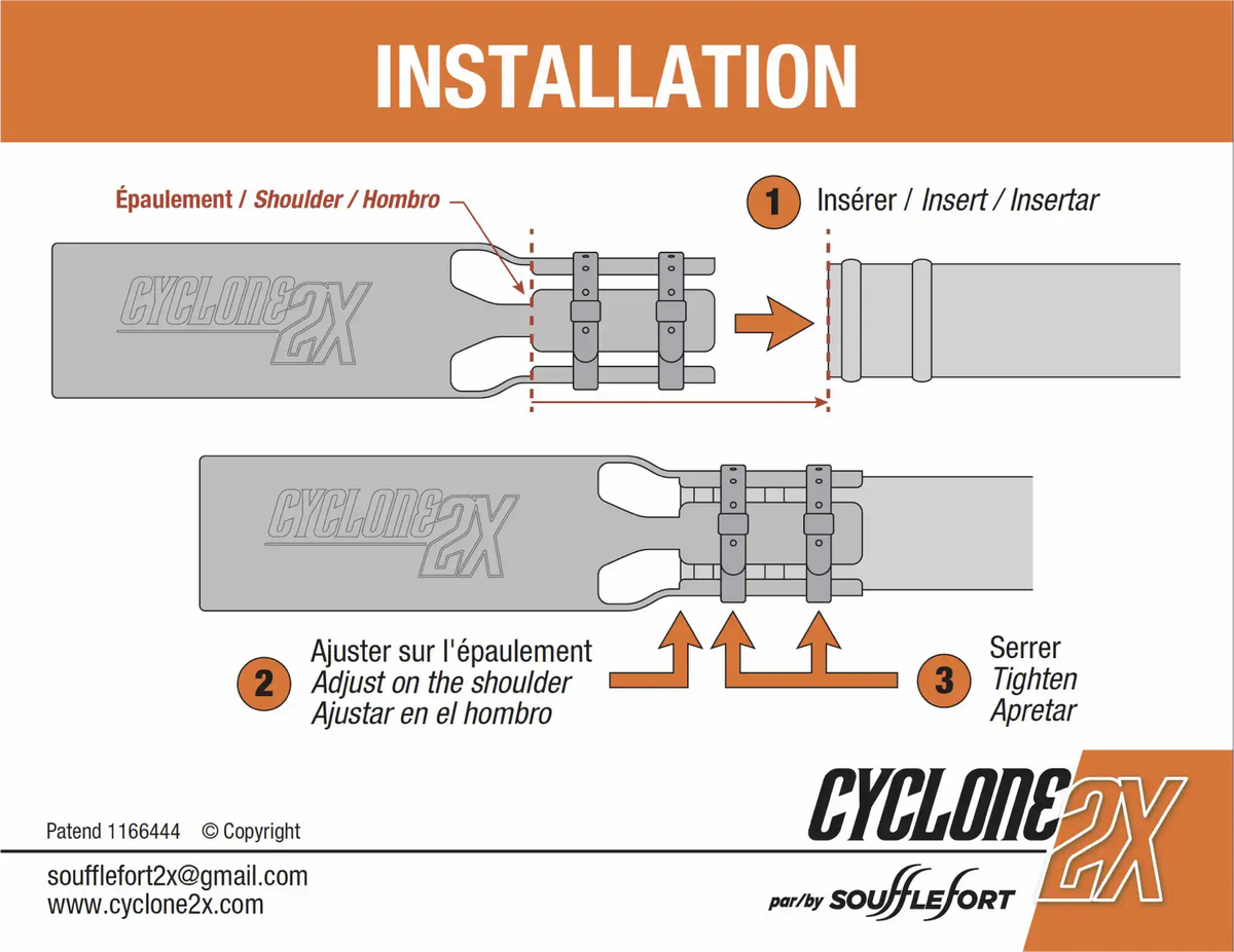 Cyclone2X installation diagram: insert onto the nozzle, fit over the shoulder, tighten both straps